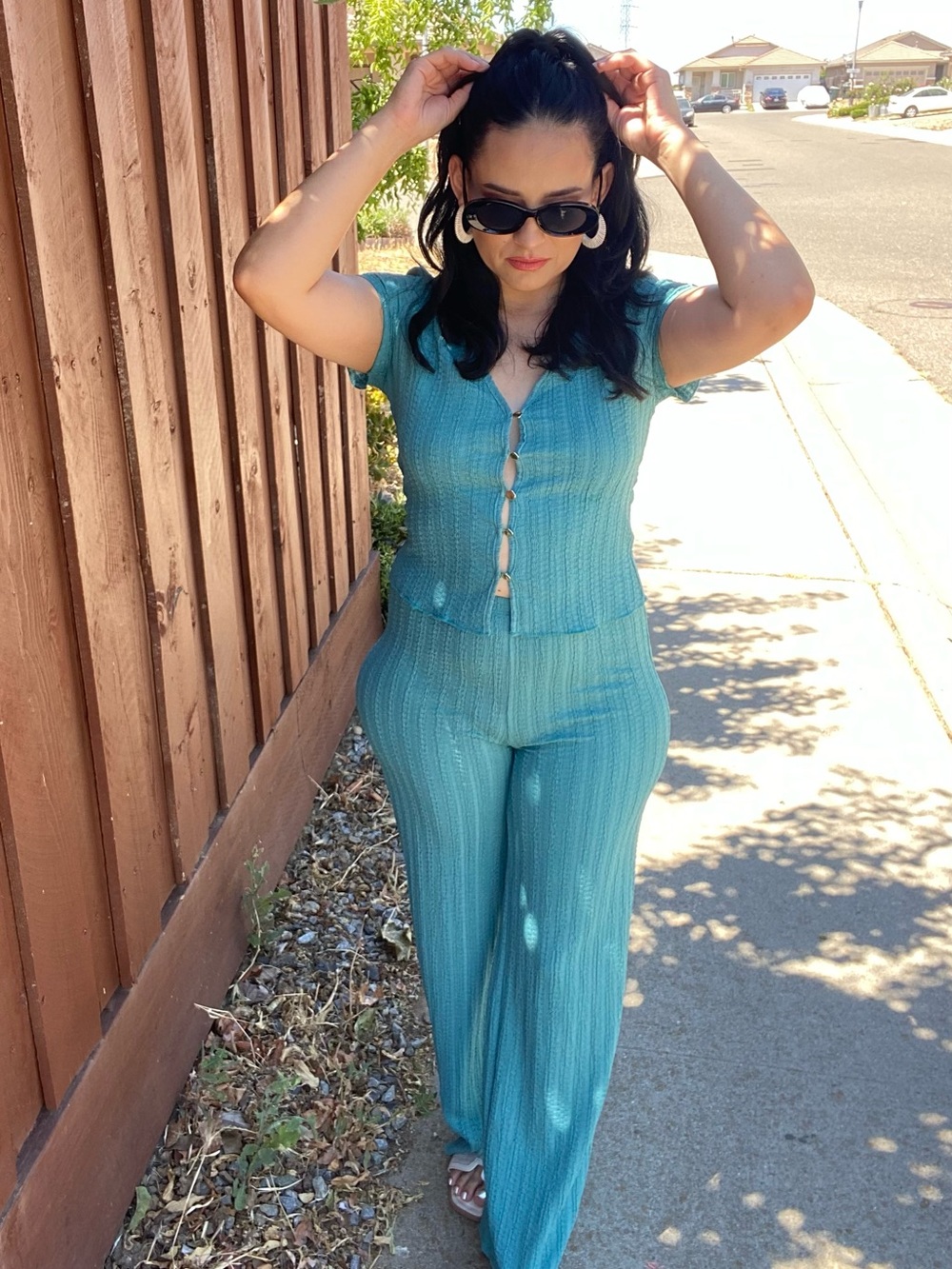 Love Tree Teal Knit Short-Sleeve Top & Wide-Leg Pants Set